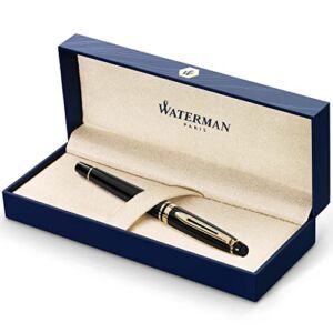 Waterman Expert Rollerball Pen, Gloss Black with 23k Gold Trim, Fine Point with Black Ink Cartridge, Gift Box