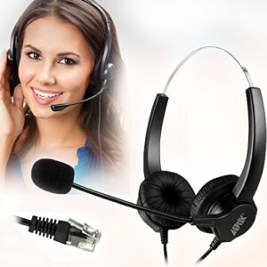 AGPTEK Hands-Free Call Center Noise Cancelling Corded Binaural Headset Headphone with 4-Pin RJ9 Crystal Head and Mic Microphone for Desk Phone – Telephone Counselling Services, Insurance, Hospitals