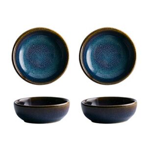 Colias Wing 2.5 Inch Vintage Blue with Brown Edge Stylish Design Multipurpose Porcelain Side Dish Bowl Seasoning Dishes Soy Dipping Sauce Dishes-Set of 4-Blue