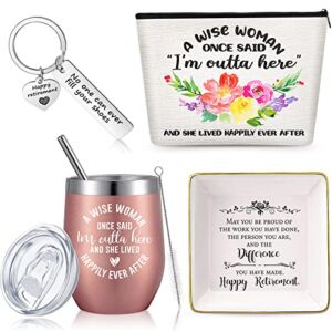 4 Pieces Retirement Gifts for Women 2022, Happy Retirement Presents for Coworker Personalized Wine Tumbler Gifts Set Jewelry Tray Makeup Bag Keychain for Teachers Mom Grandma Nurses (Rose Gold, Cute)
