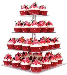 YestBuy 4 Tier Cupcake Stand, Acrylic Cupcake Tower Stand, Premium Cupcake Holder, Clear Cupcake Display Tree Tower Stand for 52 Cupcakes, Display for Pastry Wedding Birthday Party (4 Tier Square)