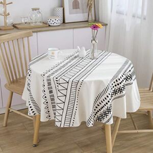 Cotton Linen Table Cloths Heavy Fabric Boho Table Cover Table Top Tablecloth for Farmhouse Coffee Kitchen Picnics White Black Round 60 inch(4-6 Seats)