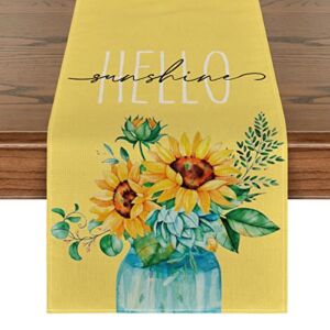 Artoid Mode Yellow Hello Sunshine Sunflower Summer Table Runner, Spring Seasonal Anniversary Holiday Kitchen Dining Table Decoration for Indoor Outdoor Home Party Decor 13 x 72 Inch