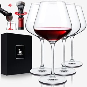 Swanfort Red Wine Glasses Set of 4, Extra Large Stemmed Wine Glasses 23 Oz, with Creative 2 in 1 Tulip Wine Stopper and Pourer, Burgundy Wine Glasses in Gift Box for Any Occasions