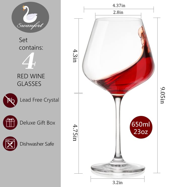 Swanfort Red Wine Glasses Set of 4, Extra Large Stemmed Wine Glasses 23 Oz, with Creative 2 in 1 Tulip Wine Stopper and Pourer, Burgundy Wine Glasses in Gift Box for Any Occasions | The Storepaperoomates Retail Market - Fast Affordable Shopping
