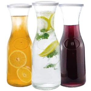 Glass Carafe Pitcher 1 LITER Clear ZERO LEAD For Water , Wine, Milk, Juice, Mimosa Bar With ZERO BPA Easy snap on Lids – 34 Ounces (PACK OF 3)