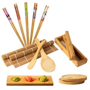 Bamboo Sushi Making Kit w/Sushi Rolling Mat, Maki Mold, 2 Sauce Dishes, 5 Chopsticks & Spreader Paddle – Make Futomaki & Uramaki + Recipe E-Book – Comfify