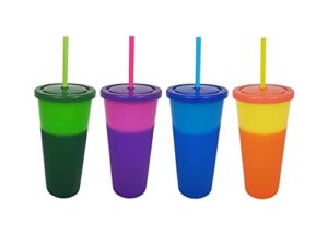 24oz Instant Color Changing Cups by Essential Drinkware – Set of 4 Reusable Plastic Tumblers with Screw on Lids and Color Straws