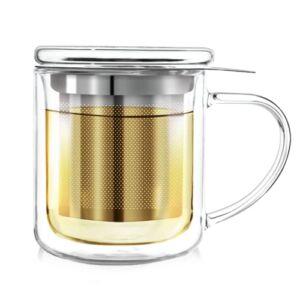 Teabloom Single-Serve Tea Maker – Double Wall Glass Cup with Infuser Basket and Lid for Steeping, Solista Brewing Mug (8 OZ)
