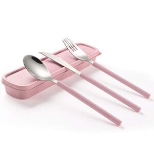 ArderLive Portable Outdoor Flatware Set with Case 3 PCS，Stainless Steel Fork Spoon Knife Reusable Flatware Set for Travel, Lunch Box and Camping (Pink)