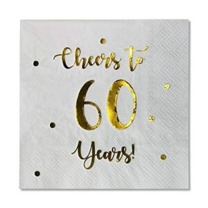 Cheers to 60 Years Cocktail Napkins | Happy 60th Birthday Decorations for Men and Women and Wedding Anniversary Party Decorations | 50-Pack 3-Ply Napkins | 5 x 5 inch folded (White)