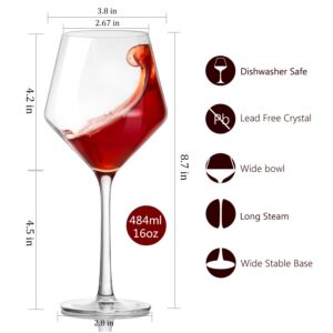 Swanfort Red Wine Glasses Set of 4, Long Stem Crystal Wine Glasses, Burgundy Wine Glasses in Gift Box, Large Wine Glasses With Stem for Any Occasions-16 oz