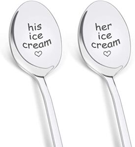 Anniversary Birthday Gifts for Couple, Christmas Gifts for Him Her, His and Hers Gifts Engraved Ice Cream Spoon, 2 Pcs Personalized Coffee Spoon Stainless Steel Couple Gifts
