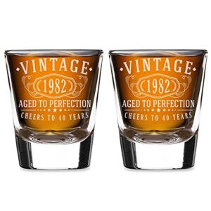 2pk Vintage 1982 Etched 1.75oz Shot Glasses – 40th Birthday Gift Aged to Perfection – 40 years old Anniversary