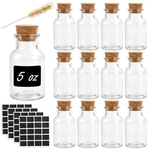 CUCUMI 12pcs 150ml Glass Spice Jars with Lids Reusable Glass Spice Bottles with Cork, 100pcs Blank Square Stickers 1pcs Test Tube Brush for Storing Tea Herbs and Spices