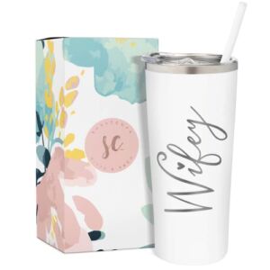 Wifey Tumbler | 22 Ounce White Engraved Stainless Steel Insulated Tumbler with Slide Close Lid and Straw | Bridal Shower | Bride To Be Gifts | Engagement Gift | Valentine’s Day Gifts
