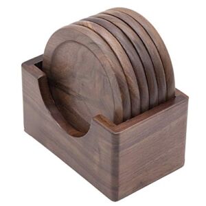 GOH DODD Wood Drink Coasters with Holder, 6 Pieces Wooden Coasters Cup Coaster Set for Bar Kitchen Home Apartment, Walnut Wood