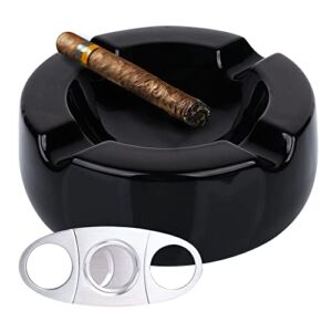 Large Ceramic Cigar Ashtray Outdoor – 8.5 inch Ashtrays Black Glossy Cigar for Indoor, Outdoor, Patio, Home, Office Use – Cigar Accessories Ash Tray Luxury Gift Set for Men and Women