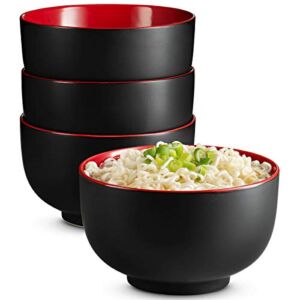 Kook Ceramic Japanese Noodle Bowl Set, Large Capacity, For Ramen, Udon, Soba, Pho and Soup, Microwave and Dishwasher Safe, 34 oz, Black/ Red, Set of 4