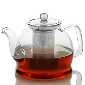 Teapot with Infuser for Loose Tea – 33oz, 4 Cup Tea Infuser, Clear Glass Tea Kettle Pot with Strainer & Warmer – Loose Leaf, Iced Tea Maker & Brewer