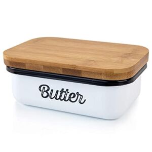 Granrosi Ceramic Butter Dish with Lid for Countertop, Butter Keeper, Butter Holder, Butter Container for Fridge, Butter Dishes, Covered Butter Dish – Farmhouse Butter Dish with Wooden Lid – White
