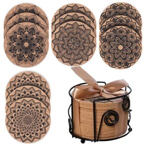 HOMEARA Gift Idea 12 Pcs Mandala Cork Coasters for Drinks Absorbent with Holder – 100% Non Stick Heat Resistant Soft Cup Mats for CoffeeTable – Home Decor New Year Present Box