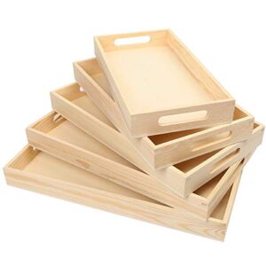 LotFancy 5PC Wooden Nested Serving Trays, Unfinished Natural Wood Trays with Handles, for Craft and Decor, Food Organizer for Breakfast, Lunch, Dinner