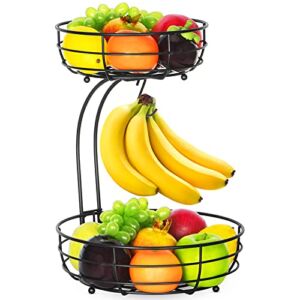 Bextsrack 2-Tier Countertop Fruit Basket Bowl with Banana Hanger, Metal Wire Vegetable Fruits Basket for Kitchen Counter, Black