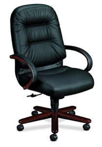 HON Pillow-Soft Leather Executive High-Back Chair – Wood Series Office Chair with Arms, Mahogany/Black Leather (H2191)