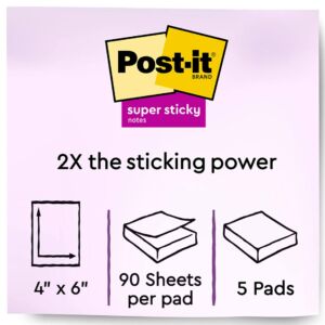 Post-it Super Sticky Notes, 4×6 in, 5 Pads, 2x the Sticking Power, Canary Yellow, Recyclable (660-5SSCY)