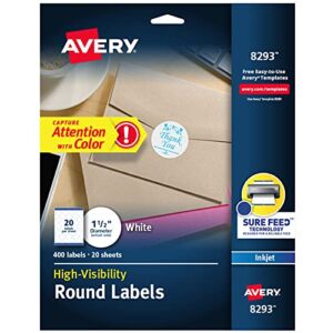 Avery Matte White Round Labels, Sure Feed Technology, Permanent Adhesive, 1-1/2″, 400 Labels (8293)