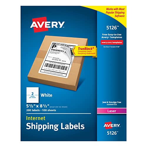 Avery 5126 Shipping Address Labels, Laser Printers, 200 Labels, Half Sheet Labels, Permanent Adhesive, TrueBlock, White | The Storepaperoomates Retail Market - Fast Affordable Shopping