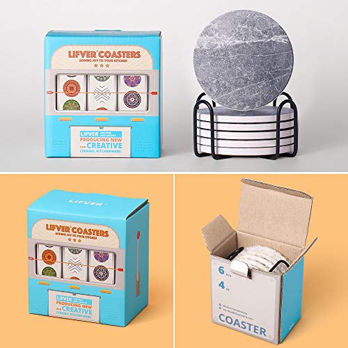 LIFVER Coasters for Drinks Absorbent, Living Room Decor, Ceramic Coasters Set of 6 with Cork Base, Protect Wooden Table or Furniture from Scratched, Drink Coasters with Holder – Grey | The Storepaperoomates Retail Market - Fast Affordable Shopping