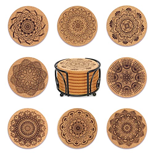 Coomin Cork Coasters, Extra Thick Cork Coasters with Holder, 8 Pcs Farmhouse Coasters for Coffee Table, Wooden Table, Heat-Resistant Coasters for Drinks | The Storepaperoomates Retail Market - Fast Affordable Shopping