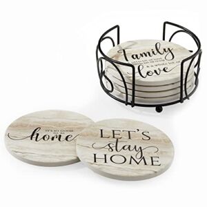 Hoomey Coasters for Drinks, Set of 6 Absorbent Drink Coasters with Holder, Rustic Ceramic Drink Coasters with Cork Backing for Table Protection, Housewarming Gifts, Farmhouse Décor