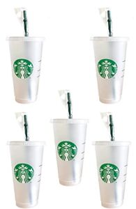 Starbuck 5 Pack Bundle – Reusable Frosted 24 oz Cold Cup with Lid and Green Straw w/Stopper