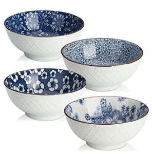 Y YHY Ceramic Bowls, 16 oz Japanese Rice Bowl, Porcelain Cereal Bowls for Kitchen – Nice Choice of Thanksgiving & Christmas Gifts, Blue Bowl Set of 4, Microwave and Dishwasher Safe