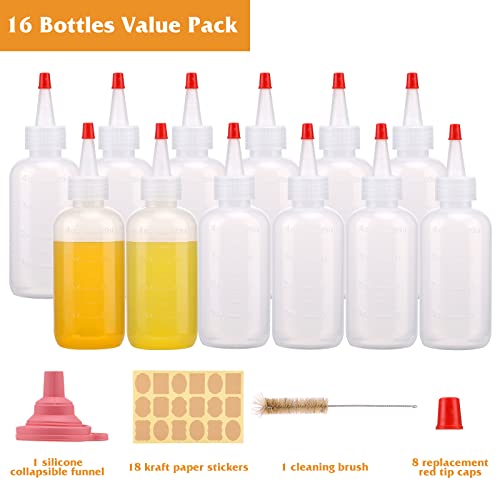 CUCUMI 16pcs 4oz Plastic Squeeze Bottles, with Red Tip Caps and Measurement, with Extra 1 Funnel, 18 Kraft Paper Stickers and 1 Brush for Crafts, Art, Glue, Kitchen Condiments | The Storepaperoomates Retail Market - Fast Affordable Shopping