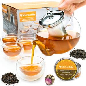 Tea Kettle Infuser Stovetop Gift Set – Glass Teapot with Removable Stainless Steel Strainer, Microwave & Dishwasher Safe, Tea Pot with Blooming, Loose Leaf Tea Sampler & 4 Double Wall Cups, Tea Maker.