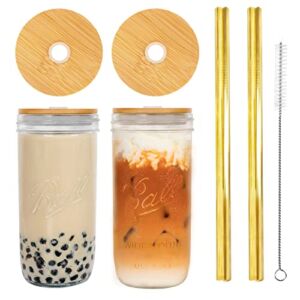 Mason Jar with Lid and Straw, 24oz Wide Mouth Mason Jar Drinking Glasses Tumbler with Silicone Sleeve Bamboo Lid, Reusable Boba Cups Travel Bottle for Iced Coffee Large Pearl Juices Cocktail