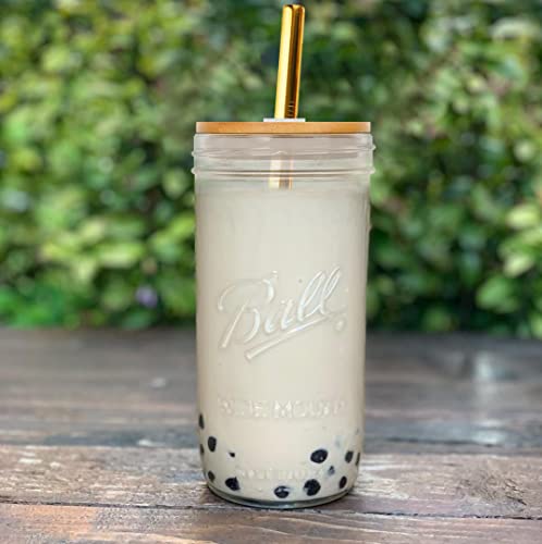 Mason Jar with Lid and Straw, 24oz Wide Mouth Mason Jar Drinking Glasses Tumbler with Silicone Sleeve Bamboo Lid, Reusable Boba Cups Travel Bottle for Iced Coffee Large Pearl Juices Cocktail | The Storepaperoomates Retail Market - Fast Affordable Shopping