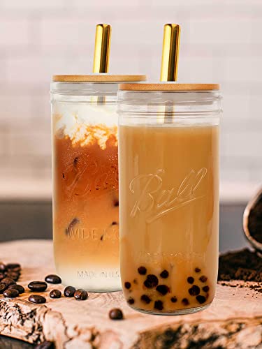 Mason Jar with Lid and Straw, 24oz Wide Mouth Mason Jar Drinking Glasses Tumbler with Silicone Sleeve Bamboo Lid, Reusable Boba Cups Travel Bottle for Iced Coffee Large Pearl Juices Cocktail | The Storepaperoomates Retail Market - Fast Affordable Shopping
