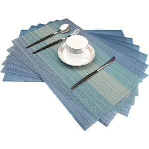 Bright Dream Placemats Washable Easy to Clean PVC Placemat for Kitchen Table Heat-resistand Woven Vinyl Hard Table Mats 12×18 inches Set of 6 （Blue）