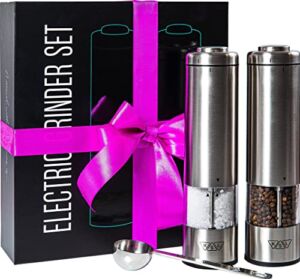KSL Electric Salt and Pepper Grinder Set – Adjustable Powered Shakers – Automatic One Hand Mills with Light – Stainless Steel Battery Operated Peppermill – Birthday, Christmas & New Year Gift Kit