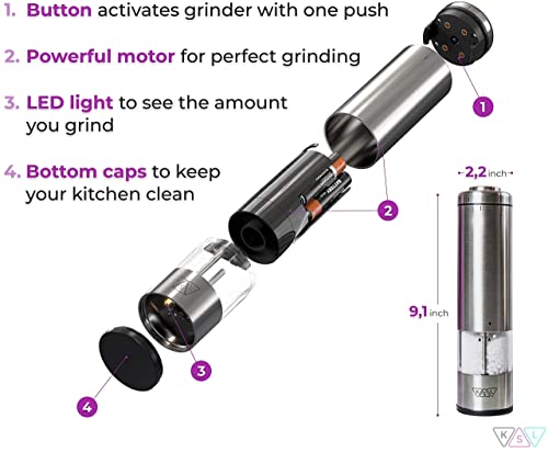 KSL Electric Salt and Pepper Grinder Set – Adjustable Powered Shakers – Automatic One Hand Mills with Light – Stainless Steel Battery Operated Peppermill – Birthday, Christmas & New Year Gift Kit | The Storepaperoomates Retail Market - Fast Affordable Shopping