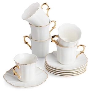 BTaT- Small Espresso Cups and Saucers, Set of 6 Demitasse Cups (2.4 oz) with Gold Trim and Gift Box, Small Coffee Cup, White Espresso Cup, Turkish Coffee Cup, Porcelain Espresso Cup, Christmas Gift
