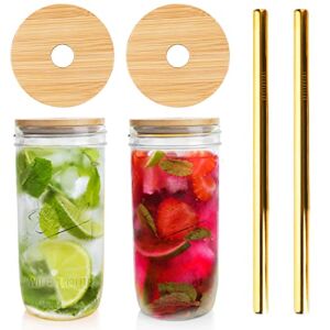 Mason Jar with Lids and Straws, 24 OZ Wide Mouth Mason Jar Drinking Glasses, Set of 2 Mason Jar Cups Reusable Boba Cups Travel Bottle for Iced Coffee Large Pearl Boba Juices Beer Cocktail