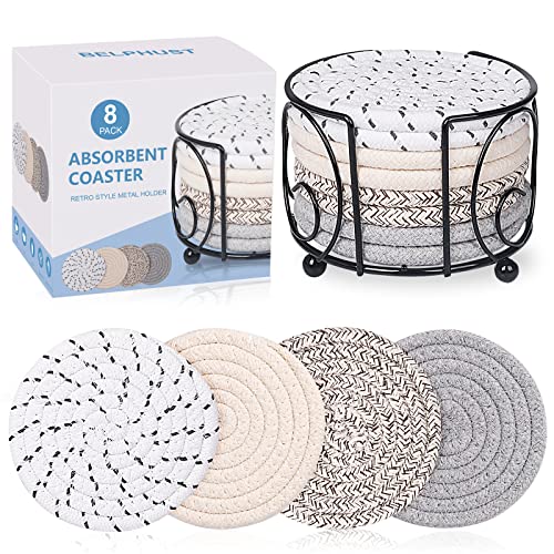 Coasters for Drinks Set of 8 Pcs,Belphust Absorbent Drink Coaster Set with Holder, 4.5 inches Handmade Woven Coaster for Table Protection,Best Housewarming Gifts,Room Decor,Bar,Party | The Storepaperoomates Retail Market - Fast Affordable Shopping