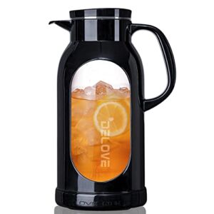 Delove 68 oz/2 Liter Glass Pitcher with Shatterproof Shell – Heat Resistant Glass Liner – Stainless Steel Lid – Carafe & Jug for Iced Tea,Hot/Cold Water,Homemade Juice Beverages (Black)