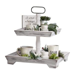 HAPOO Tiered Tray Two Tiered Tray for Easter Fall Halloween Thanksgiving Christmas Decors Wood Farmhouse Tiered Tray Stand for Countertop